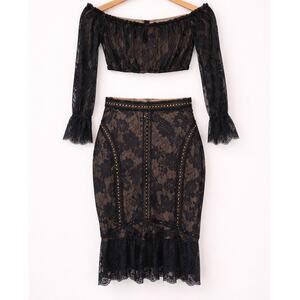 WINONA Two Piece Set Lace Womens Small Black Off Shoulder Crop Top Midi Skirt